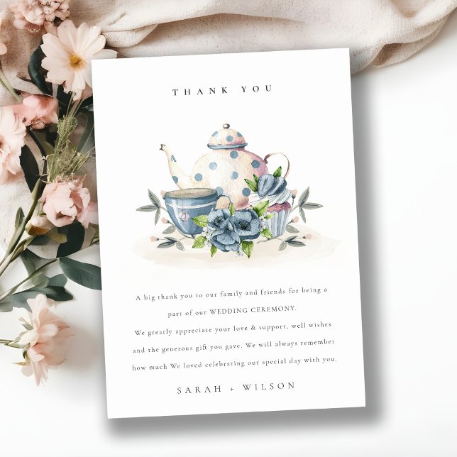 Elegant Cute Aqua Blue Floral Teapot Cups Wedding Thank You Card (Creator Uploaded)