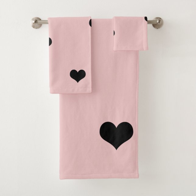 Elegant cute black & blush pink heart pattern bath towel set (Insitu)