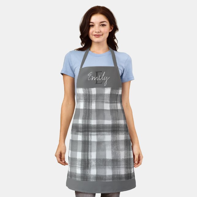 Elegant Cute Black White Plaid Monogram Christmas Apron (Worn)