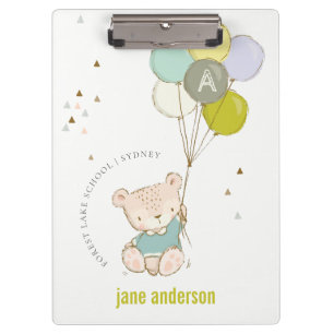 Elegant Cute Blue Bear Balloon Boys Monogram Clipboard