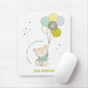 Elegant Cute Blue Bear Balloon Boys Monogram Mouse Pad