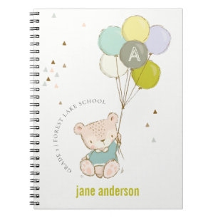 Elegant Cute Blue Bear Balloon Boys Monogram Notebook