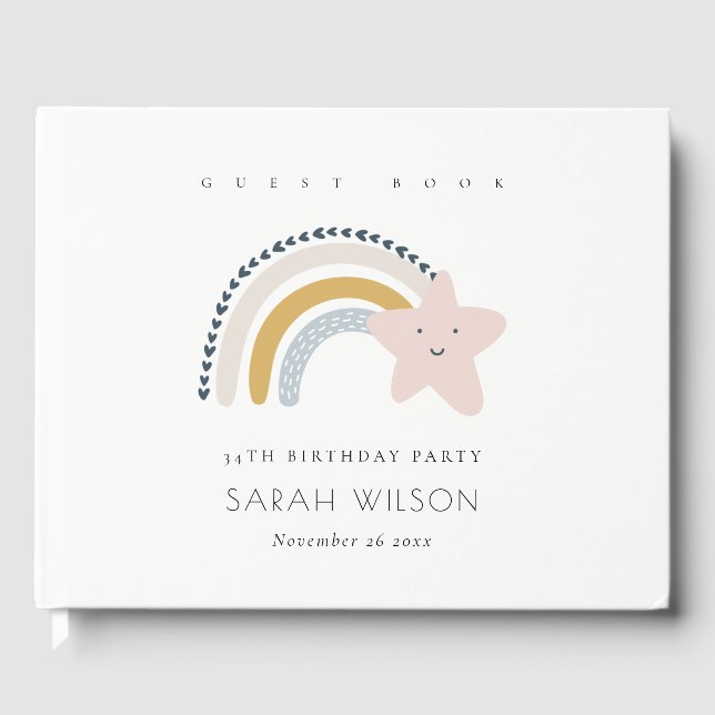 ELEGANT CUTE BLUE BLUSH RAINBOW STAR KIDS BIRTHDAY GUEST BOOK (Front)