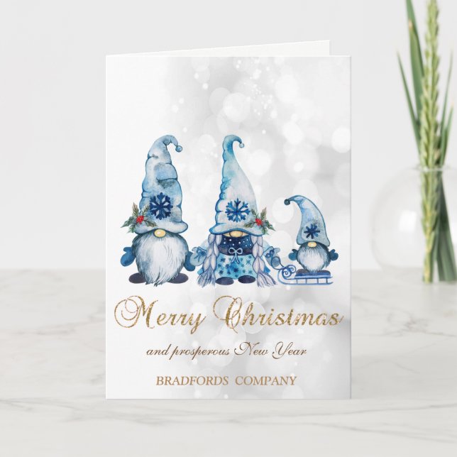 Elegant Cute Blue Gnomes Bokeh   Holiday Card (Front)