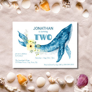 Elegant Cute Blue Whale Yellow Floral 2nd Birthday Invitation