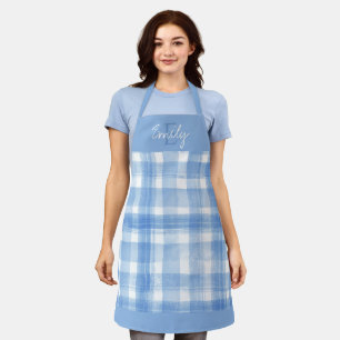 Elegant Cute Blue White Plaid Monogram Christmas Apron