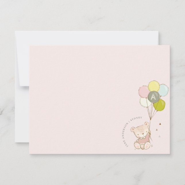 Elegant Cute Blush Bear Balloon Girly Monogram Card (Front)