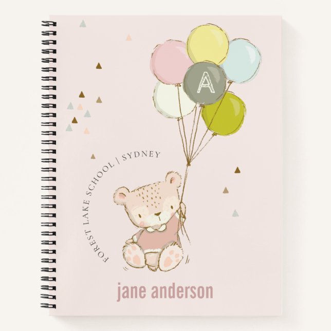 Elegant Cute Blush Bear Balloon Girly Monogram Notebook (Front)