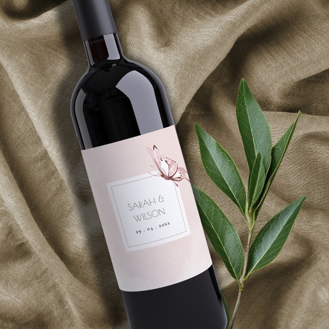 ELEGANT CUTE BLUSH WATERCOLOR BUTTERFLY WEDDING  WINE LABEL (Creator Uploaded)