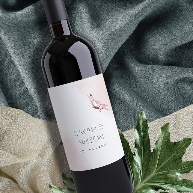 ELEGANT CUTE BLUSH WATERCOLOR BUTTERFLY WEDDING WINE LABEL (Creator Uploaded)
