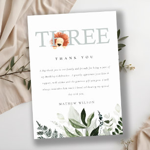 Elegant Cute Boho Lion Foliage 3rd Third Birthday Thank You Card