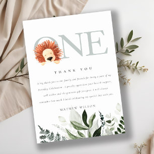 Elegant Cute Boho Lion Foliage First Birthday Thank You Card