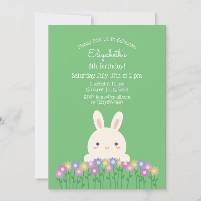 Elegant Cute Bunny & Flowers Sage Green Birthday Invitation (Front)