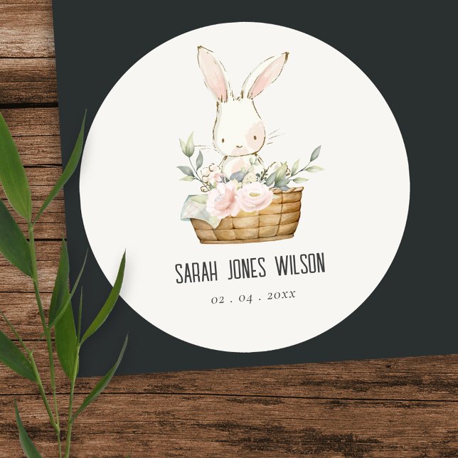 Elegant Cute Bunny In Floral Basket Kids Birthday Classic Round Sticker (Creator Uploaded)