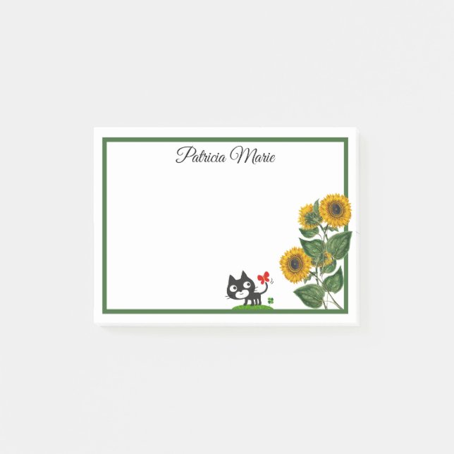 Elegant Cute Cat And Yellow Sunflower Personalised Post-it Notes (Front)