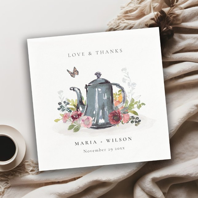 Elegant Cute Cheerful Roses Floral Teapot Wedding Napkin (Creator Uploaded)