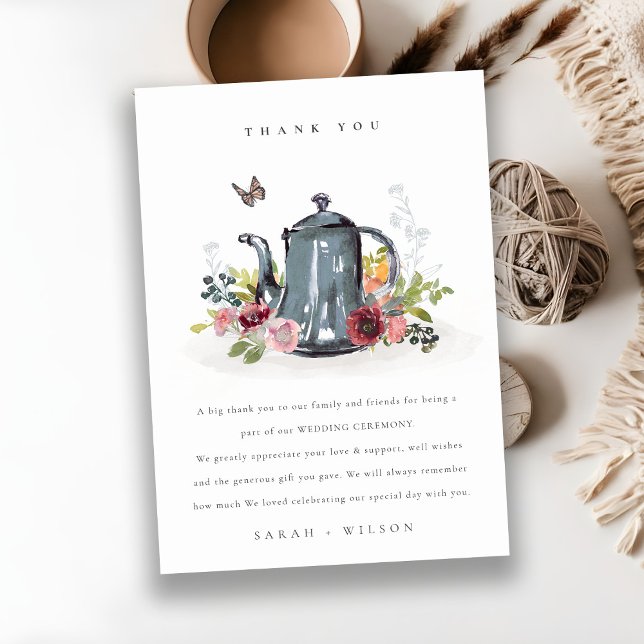 Elegant Cute Cheerful Roses Floral Teapot Wedding Thank You Card (Creator Uploaded)