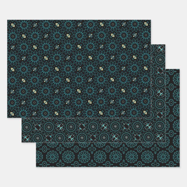 Elegant Cute Chic Black & Teal Geometric Patterns Wrapping Paper Sheet (Set)