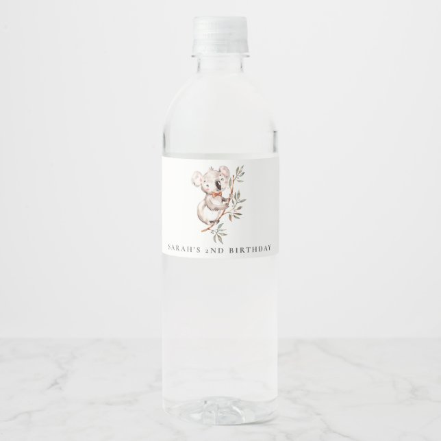Elegant Cute Cuddly Koala Foliage Any Age Birthday Water Bottle Label (Front)