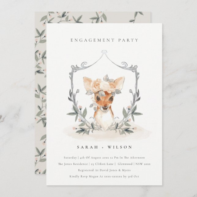 Elegant Cute Deer Floral Crest Engagement Invite (Front/Back)