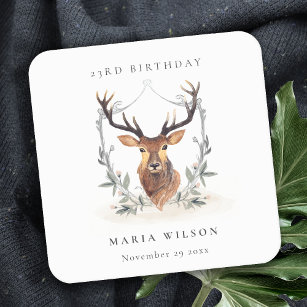 Elegant Cute Dusky Deer Floral Any Age Birthday Square Paper Coaster