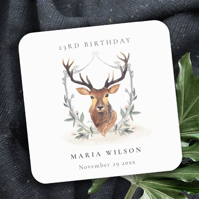 Elegant Cute Dusky Deer Floral Any Age Birthday Square Paper Coaster (Creator Uploaded)