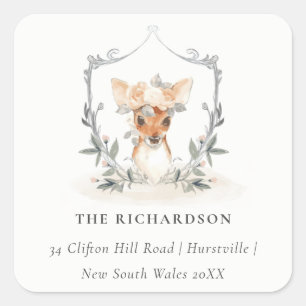 Elegant Cute Dusky Deer Floral Crest Address Square Sticker