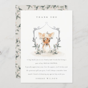 Elegant Cute Dusky Deer Floral Crest Bridal Shower Thank You Card
