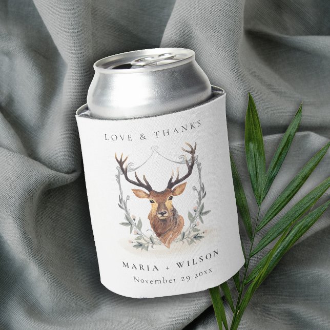 Elegant Cute Dusky Deer Floral Crest Wedding Can Cooler (Creator Uploaded)
