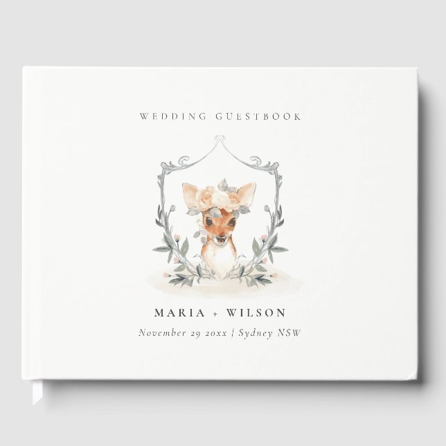 Elegant Cute Dusky Deer Floral Crest Wedding Guest Book (Front)
