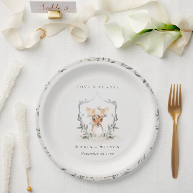 Elegant Cute Dusky Deer Floral Crest Wedding     Paper Plate (Wedding)