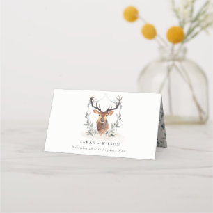 Elegant Cute Dusky Deer Floral Crest Wedding Place Card