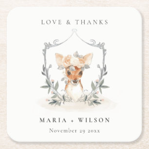 Elegant Cute Dusky Deer Floral Crest Wedding Square Paper Coaster