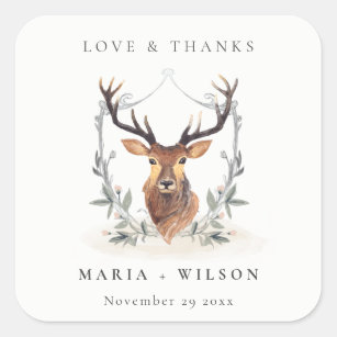 Elegant Cute Dusky Deer Floral Crest Wedding Square Sticker