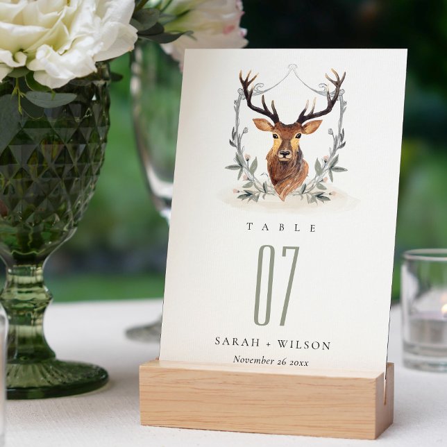 Elegant Cute Dusky Deer Floral Crest Wedding Table Number (Creator Uploaded)