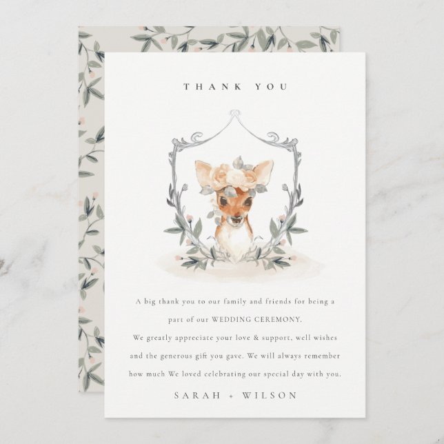 Elegant Cute Dusky Deer Floral Crest Wedding Thank You Card (Front/Back)