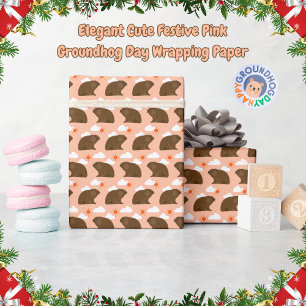 Elegant Cute Festive Pink Groundhog Day  Wrapping Paper