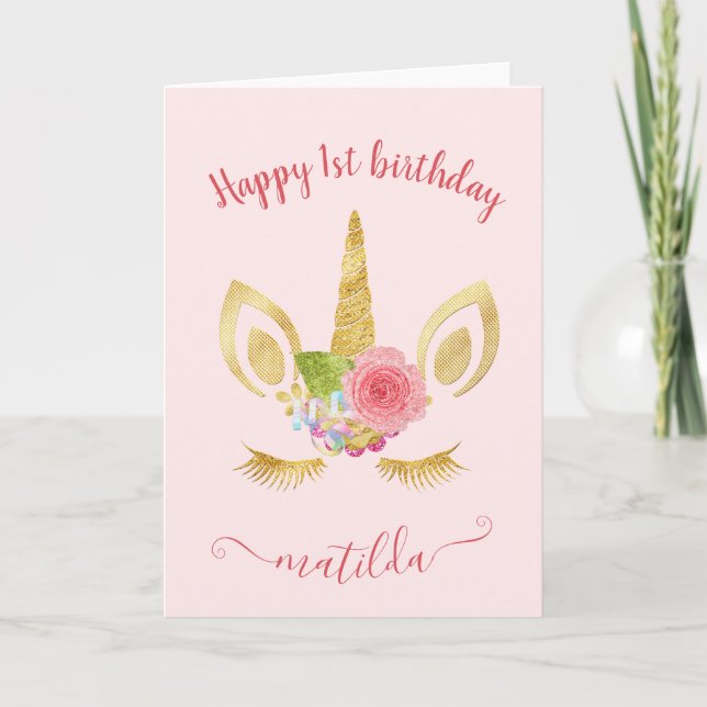 Elegant cute first birthday gold glitter unicorn card (Front)