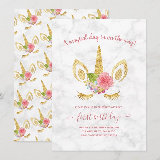 Elegant cute first birthday gold glitter unicorn invitation (Front/Back)