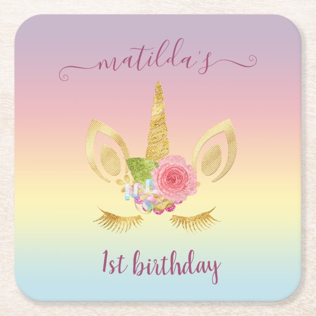 Elegant cute first birthday gold glitter unicorn square paper coaster (Front)