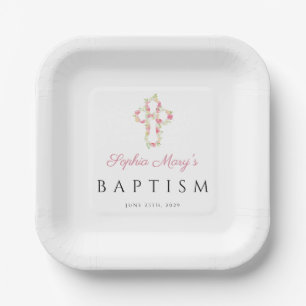 Elegant Cute Floral Cross Baptism Paper Plate
