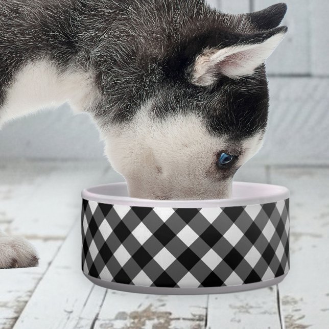 Elegant Cute Gingham Check ceramic pet bowl  (elegant cute black and white gingham bowl for dogs)