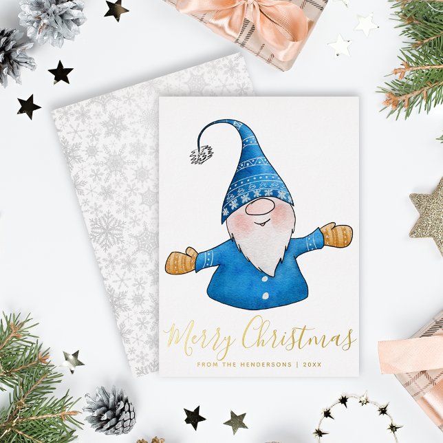 Elegant Cute Gnome Blue Gold Merry Christmas Foil Holiday Card (Creator Uploaded)