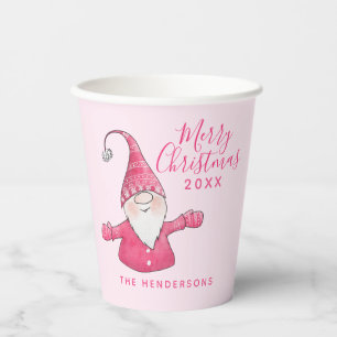 Elegant Cute Gnome Pink Merry Christmas Paper Cups