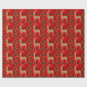 Elegant Cute Golden Deer   Christmas Red Wrapping Paper