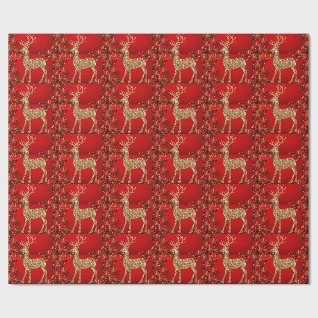 Elegant Cute Golden Deer | Christmas Red Wrapping Paper (Flat)