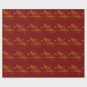 Elegant Cute Golden Merry Christmas Red Wrapping Paper