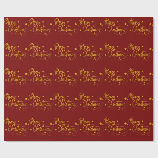 Elegant Cute Golden Merry Christmas Red Wrapping Paper (Flat)