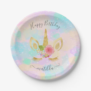 Elegant cute Happy Birthday gold glitter unicorn Paper Plate