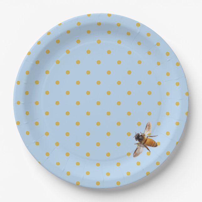 Elegant cute honeybee and blue gold polka-dots  paper plate (Front)
